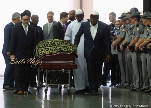 The casket with the body of Muhammad Ali arrives for an Islamic prayer service at the Kentucky Exposition Center on June 9, 2016 in Louisville, Kentucky.