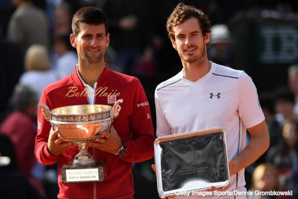 PARIS, FRANCE - JUNE 05: Champion Novak Djokovic of Serbia and runner up Andy Murray of Great Britain pose with the trophies won during the Men's Singles final match on day fifteen of the 2016 French Open at Roland Garros on June 5, 2016 in Paris, France. (Photo by Dennis Grombkowski/Getty Images)