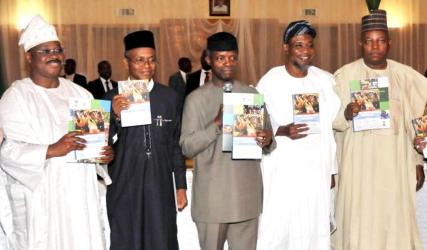 PIC. 15. FROM LEFT: GOV. ABIOLA AJIMOBI OF OYO STATE; GOV. NASIR EL-RUFAI OF KADUNA STATE; VICE PRESIDENT YEMI OSINBAJO ; GOV. RAUF AREGBESHOLA OF OSUN, AND GOV. KASHIM SHETIMA OF BORNO, DURING THE LUNCH OF THE NATIONAL HOME GROWN SCHOOL FEEDING PROPGRAMME, AT THE PRESIDENTIAL VILLA IN ABUJA ON THURSDAY (9/6/16). 4149/9/6/2016/ISE/BJO/NAN