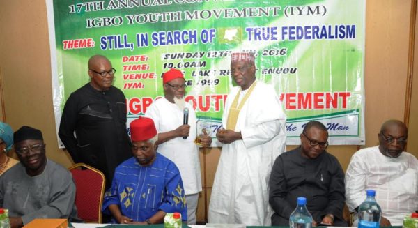 PIC.19. FROM LEFT: GUEST SPEAKER, CHIEF AYO ADEBANJO; FOUNDER IGBO YOUTH MOVEMENT (IYM), COMRADE ELLIOT UKO; FORMER VICE PRESIDENT, DR. ALEX EKWUEME; FORMER GOVERNOR OF ANAMBRA STATE, CHIEF CHUKWUEMEKA EZEIFE; FORMER MINISTER OF INFORMATION, PROF. JERRY GANA; FORMER GOVERNOR OF ANAMBRA STATE, MR PETER OBI AND GUEST, DR. ARTHUR NWANKWO DURING THE 17TH IYM ANNUAL CONVENTION IN ENUGU ON SUNDAY (12/6/16). 4200/12/6/2016/MAG/HB/NAN/