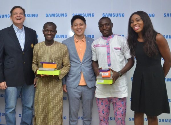 L-R: Director and Business Leader, Information Technology and Mobile, Samsung Electronics West Africa, Mr. Emmanouil Revmatas; Winner, Samsung “Inspire Bigger Dreams” contest, Ibrahim Salihu; Manager, Product Marketing, Samsung Electronics West Africa, Mr. Chaejin Im; Winner, Samsung “Inspire Bigger Dreams” contest, Ibrahim Ambali and Operator/Mobile Communications And Activations Specialist, Samsung Electronics West Africa, Ms. Nkem Odini during the presentation of Samsung mobile devices to winners of its just concluded campaign at Samsung Offices, VI