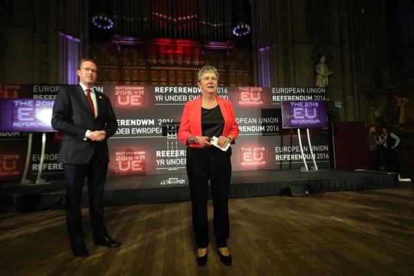 MANCHESTER, ENGLAND - JUNE 24: Labour MP Gisela Stuart (R) and co-chair of Vote LEAVE talks to the media before the final voting results are announced forecasting LEAVE winning the EU referendum at Manchester Town Hall on June 24, 2016 in Manchester, England. The results from the historic EU referendum are awaiting a final declaration and the United Kingdom is projected to have voted to LEAVE the European Union. (Photo by Christopher Furlong/Getty Images)