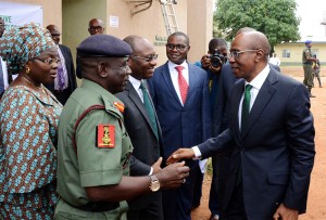 Heritage Bank MD/CEO, Ifie Sekibo (c) in company of NYSC DG, Brig-Gen Sule Kazaure welcoming the CBN Governor, Godwin Emefiele to the event, with the NYSC Skills Acquisition Director Mrs Theresa Anosike (l), and CBN Director, Development Finance, Dr. Mudashiru Olaitan looking on