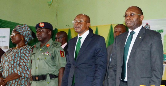 R-L: MD/CEO Heritage Bank Plc, Mr Ifie Sekibo; Central Bank Governor, Mr Godwin Emefiele; NYSC Director General, Brig.-Gen. Sule Kazaure; NYSC Director, Skills Acquisition, Barr. (Mrs) Theresa Anosike at the official flag-off of the N3bn CBN Youth Innovative Entrepreneurship Development Programme (YIEDP) in partnership with the NYSC and Heritage Bank Plc held at the NYSC Orientation Village, Kubwa, Abuja recently.