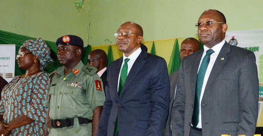 R-L: MD/CEO Heritage Bank Plc, Mr Ifie Sekibo; Central Bank Governor, Mr Godwin Emefiele; NYSC Director General, Brig.-Gen. Sule Kazaure; NYSC Director, Skills Acquisition, Barr. (Mrs) Theresa Anosike at the official flag-off of the N3bn CBN Youth Innovative Entrepreneurship Development Programme (YIEDP) in partnership with the NYSC and Heritage Bank Plc held at the NYSC Orientation Village, Kubwa, Abuja recently. 