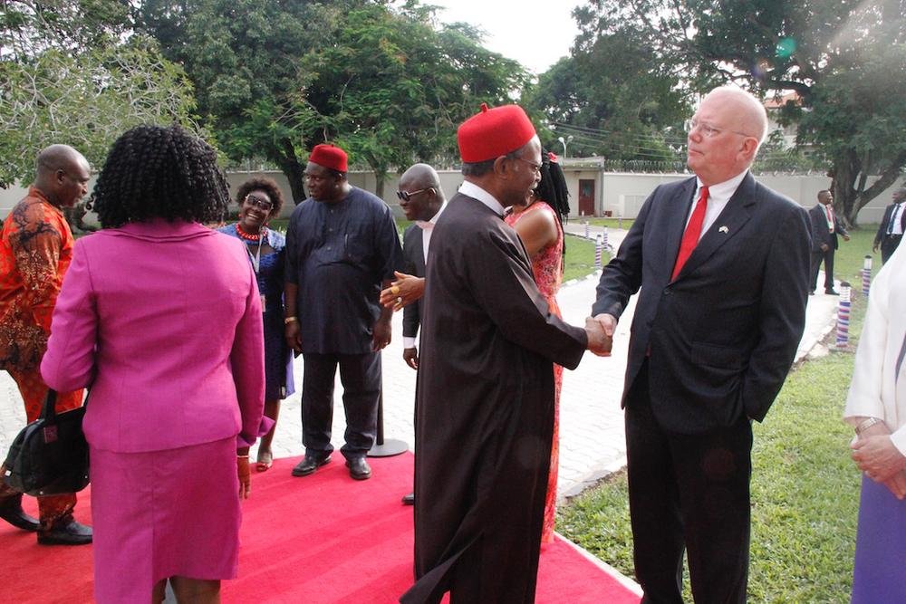 United States Ambassador to Nigeria, James F. Entwistle (right), exchanging pleasantries with former Secretary General of the Commonwealth