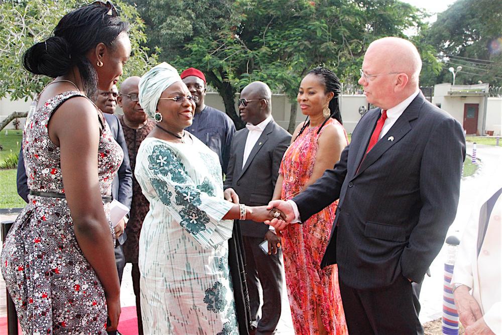 United States Ambassador to Nigeria, James F. Entwistle (right), welcoming former Lagos State Deputy Governor, Sarah Sosan