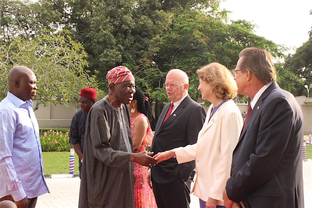 Former Head of the Interim National Government, Chief Ernest Shonekan; United States Ambassador to Nigeria, James F. Entwistle; wife of U.S. Ambassador to Nigeria, Dr. Pamela G. Schmoll; and U.S. Consul General Francis John Bray