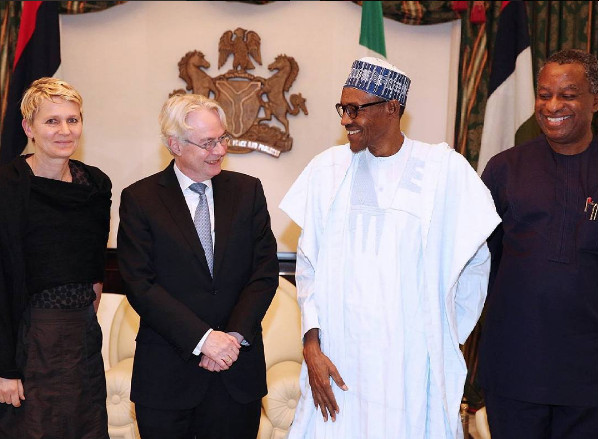 President Buhari and Michael Zinner, flanked by Min of Foreign Affairs, Geoffrey Onyeama and a German delegate