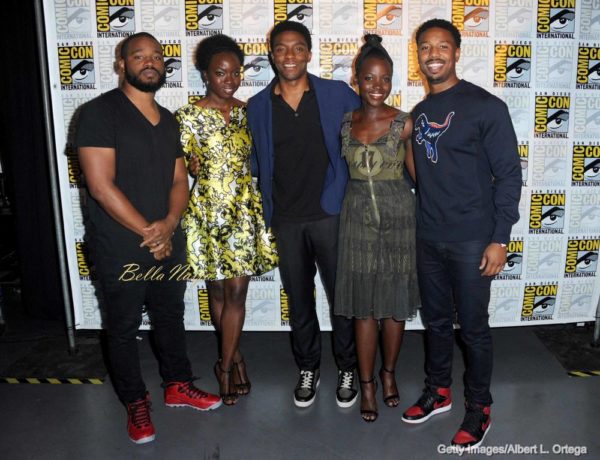 (L-R) Director Ryan Coogler, actors Danai Gurira, Chadwick Boseman, Lupita Nyong'o, and Michael B. Jordan