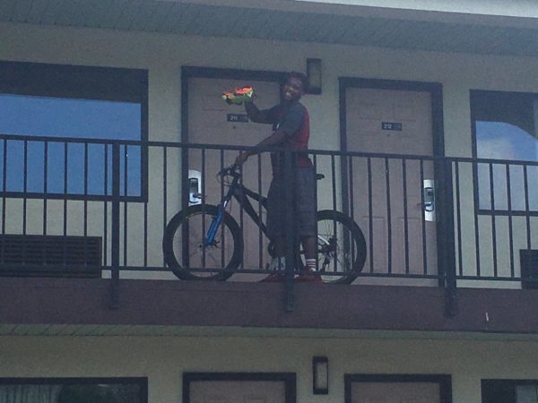 A man took Fred to breakfast and gave him a new men's mountain bike and running shoes.