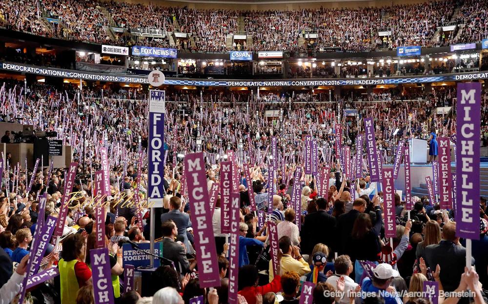 PHILADELPHIA, PA - JULY 25: First lady Michelle Obama acknowledges the crowd after delivering remarks on the first day of the Democratic National Convention at the Wells Fargo Center, July 25, 2016 in Philadelphia, Pennsylvania. An estimated 50,000 people are expected in Philadelphia, including hundreds of protesters and members of the media. The four-day Democratic National Convention kicked off July 25. (Photo by Aaron P. Bernstein/Getty Images)