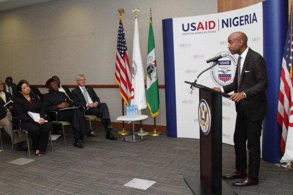 Jehiel Oliver, CEO of Hello Tractor, delivers remarks during the launch of USAID's Nigeria Agricultural Partnerships