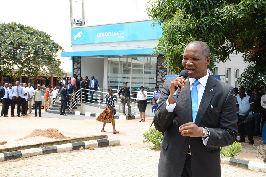 Joe Mbulu, Transformation Director, Union Bank addressing the students and guests at the launch of the smarter banking centre