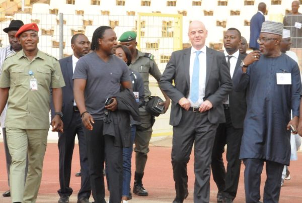 PIC 30. FROM LEFT: MINISTER OF YOUTH AND SPORTS DEVELOPMENT, MR SOLOMON DALUNG; FORMER NIGERIAS INTERNATIONAL, VICTOR IKPEBA; FIFA PRESIDENT, GIANNI INFANTINO, AND PRESIDENT OF NIGERIA FOOTBALL FEDERATION, AMAJU PINNICK, AT AN EXHIBITION MATCH FOR THE VISITING FIFA PRESIDENT INFANTINO, AT THE NATIONAL STADIUM IN ABUJA ON MONDAY (25/7/16). 5322/25/7/2016/TA/NAN