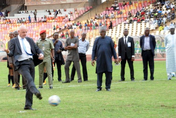 PIC 31. FIFA PRESIDENT, GIANNI INFANTINO, TAKES A KICK-OFF BEFORE AN EXHIBITION MATCH IN HIS HONOUR BETWEEN ABUJA U-13 AND ENUGU U-13 SIDES, AT THE NATIONAL STADIUM IN ABUJA ON MONDAY (25/7/16). 5323/25/7/2016/TA/NAN