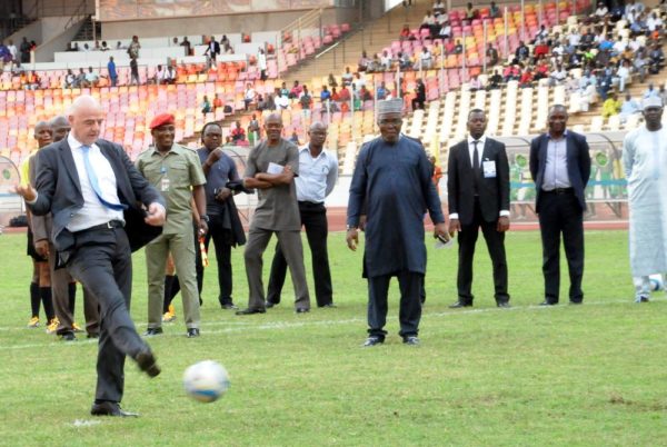 PIC 31. FIFA PRESIDENT, GIANNI INFANTINO, TAKES A KICK-OFF BEFORE AN EXHIBITION MATCH IN HIS HONOUR BETWEEN ABUJA U-13 AND ENUGU U-13 SIDES, AT THE NATIONAL STADIUM IN ABUJA ON MONDAY (25/7/16).  5323/25/7/2016/TA/NAN