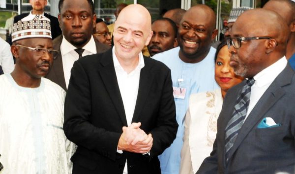 GENERAL SECRETARY, NIGERIA FOOTBALL FEDERATION (NFF), DR MOHAMMED SANUSI (L); FIFA PRESIDENT, GIANNI INFANTINO (2ND-L); NFF PRESIDENT, FIFA SECRETARY-GENERAL, FATMA SAMUORA, AMAJU PINNICK AND OTHER NFF OFFICIALS AT THE NNAMDI AZIKIWE INTTERNATIONAL AIRPORT TO WELCOME THE FIFA PRESIDENT IN ABUJA ON SUNDAY (24/7/16).