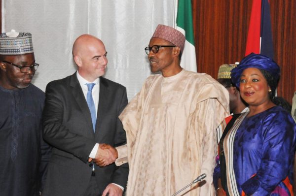 PIC. 19. FROM LEFT: NFF PRESIDENT, AMAJU PINNICK; FIFA PRESIDENT, GIANNI INFANTINO; PRESIDENT MUHAMMADU BUHARI, AND SECRETARY-GENERAL OF FIFA, FATMA SAMOURA, DURING THE FIFA PRESIDENTS VISIT TO THE PRESIDENTIAL VILLA IN ABUJA ON MONDAY (25/7/16). 5311/25/7/2016/ICE/BJO/NAN