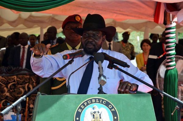 JUBA, SOUTH SUDAN - MARCH 19: President of South Sudan Salva Kiir Mayardit speaks during the groundbreaking ceremony of "Freedom Bridge" in the capital Juba, South Sudan on March 19, 2015. (Photo by Samir Bol/Anadolu Agency/Getty Images)