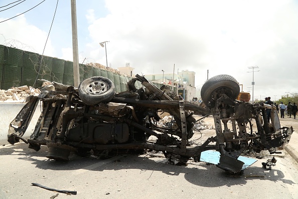 MOGADISHU, SOMALIA - JULY 26: A bomb-laden vehicle is seen after the bomb attack over the United Nations, African Union Mission in Somalia (AMISOM) headquarters in Mogadishu, Somalia on July 26, 2016. It is reported that many people were killed and wounded in the attack. (Photo by Nour Gelle Gedi/Anadolu Agency/Getty Images)
