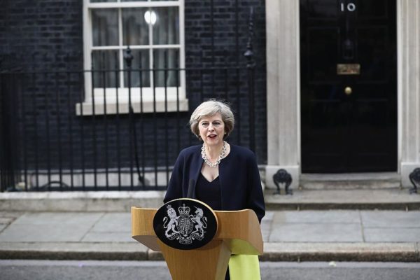 LONDON, ENGLAND - JULY 13: British Prime Minister Theresa May speaks outside 10 Downing Street on July 13, 2016 in London, England. Former Home Secretary Theresa May becomes the UK's second female Prime Minister after she was selected unopposed by Conservative MPs to be their new party leader. She is currently MP for Maidenhead. (Photo by Carl Court/Getty Images)