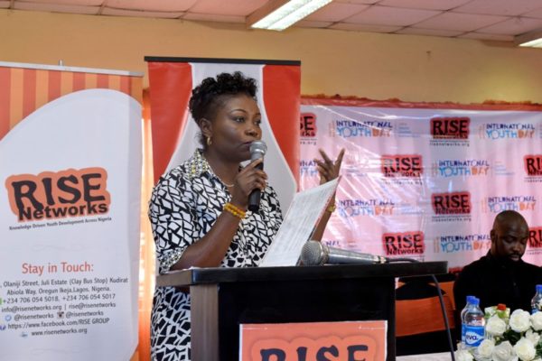 Joy Isi Bewaji, Feminist Writer, delivering her speech at the #IYD2016NG event as she expressed her concerns that the older generation is stealing everything and leaving the youths with nothing.