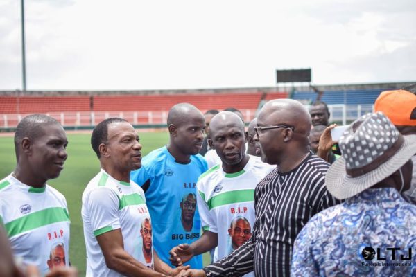 Day 1 Z - Amaju Pinnick, NFF President being introduced to the players by Mr Frank Ilaboya, Chairman of the Edo State Football Association