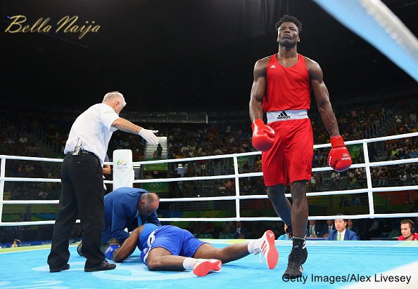 Efe Ajagba of Nigeria knocks out Nigel Paul of Trinidad and Tobago in the Men's Super Heavyweight (+91g) preliminaries on Day 8 of the 2016 Rio Olympics at Riocentro - Pavilion 6 on August 13, 2016 in Rio de Janeiro, Brazil. (Photo by Alex Livesey/Getty Images)