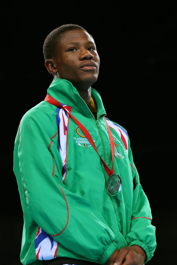 GLASGOW, SCOTLAND - AUGUST 02: Silver medalist Junias Jonas of Namibia poses during the medal ceremony for the Men's Light Welter (64kg) Final at SSE Hydro during day ten of the Glasgow 2014 Commonwealth Games on August 2, 2014 in Glasgow, Scotland. (Photo by Alex Livesey/Getty Images)