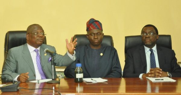 Commissioner for Works & Infrastructure, Engr. Ganiyu Johnson; Commissioner for Energy & Mineral Resources, Mr. Wale Oluwo and Commissioner for Information & Strategy, Mr. Steve Ayorinde during a joint Press Conference on plans of the Lagos State Government to embark on Multifaceted Projects (Construction of a Fly-over at Pen Cinema, Agege; Installation of 13, 000 CCTV Cameras and Removal of three Roundabouts along the Lekki-Epe Expressway) in the State, at the Bagauda Kaltho Press Centre, the Secretariat, Alausa, Ikeja, on Wednesday, August 17, 2016.