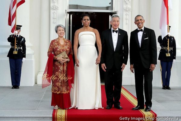 Ho Ching, first lady Michelle Obama, Prime Minister Lee Hsien Loong of Singapore and U.S. President Barack Obama pose for photographs in the North Portico of the White House August 2, 2016 in Washington, DC. The Obamas are hosting the prime minister and his wife for an official state dinner.