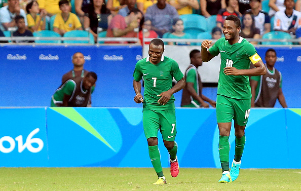 SALVADOR, BRAZIL - AUGUST 13: Umar Aminol #7 of Nigeria celebrates is goal during the Men's Football Quarterfinal match at Arena Fonte Nova Stadium on Day 8 of the Rio 2016 Olympic Games on August 13, 2016 in Salvador, Brazil. (Photo by Felipe Oliveira/Getty Images)