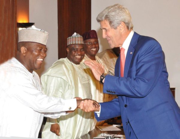 PIC. 33. FROM LEFT: GOVERNORS ABDULAZIZ YARI OF ZAMFARA; AMINU TAMBWAL OF SOKOTO AND MOHAMMED JIBRILLA OF ADAMAWA STATE WELCOMING THE VISITING U. S. SECRETARY OF STATE, MR JOHN KERRY TO A MEETING WITH NORTHERN STATE GOVERNORS AT THE PRESIDENTIAL VILLA IN ABUJA ON TUESDAY (23/8/16). 5925/23/8/2016/ICE/BJO/NAN