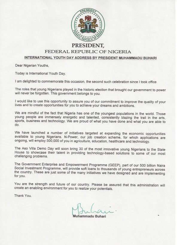 President Buhari Letter to Youths