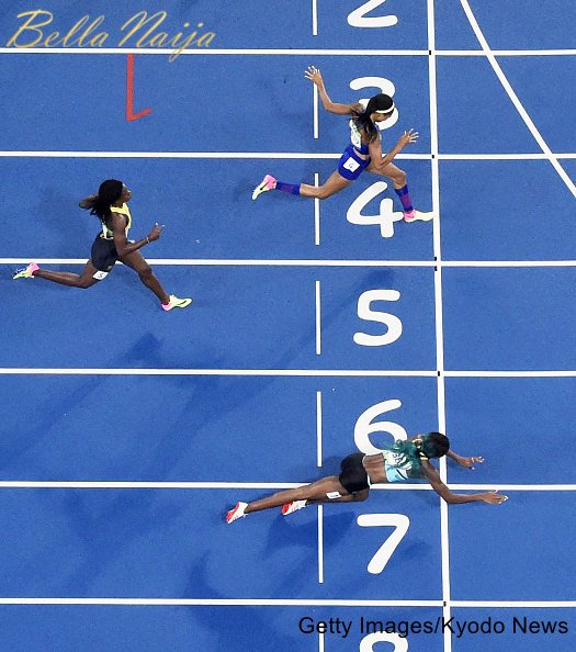 Shaunae Miller of the Bahamas (lane 7) dives across the finish line to capture gold in the women's 400-meter final at the Rio de Janeiro Olympics on Aug. 15, 2016. Allyson Felix of the United States (lane 4) and Shericka Jackson of Jamaica (lane 5) took silver and bronze, respectively. (Kyodo) ==Kyodo