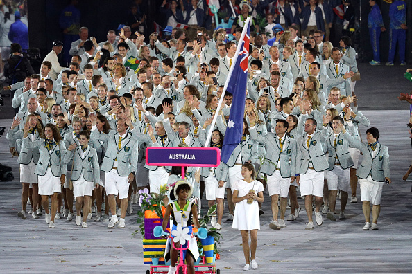 RIO DE JANEIRO, BRAZIL - AUGUST 05: Members of the Australia Olympic Team take part in the Opening Ceremony of the Rio 2016 Olympic Games at Maracana Stadium on August 5, 2016 in Rio de Janeiro, Brazil. (Photo by Paul Gilham/Getty Images)
