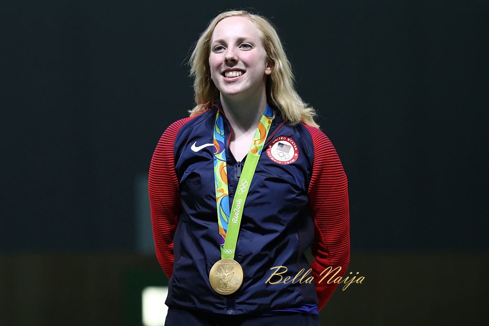 RIO DE JANEIRO, BRAZIL - AUGUST 06: Virginia Thrasher of the United States celebrates after winning the gold medal in the 10m Air Rifle Women's Finals on Day 1 of the Rio 2016 Olympic Games at the Olympic Shooting Centre on August 6, 2016 in Rio de Janeiro, Brazil. (Photo by Sam Greenwood/Getty Images)