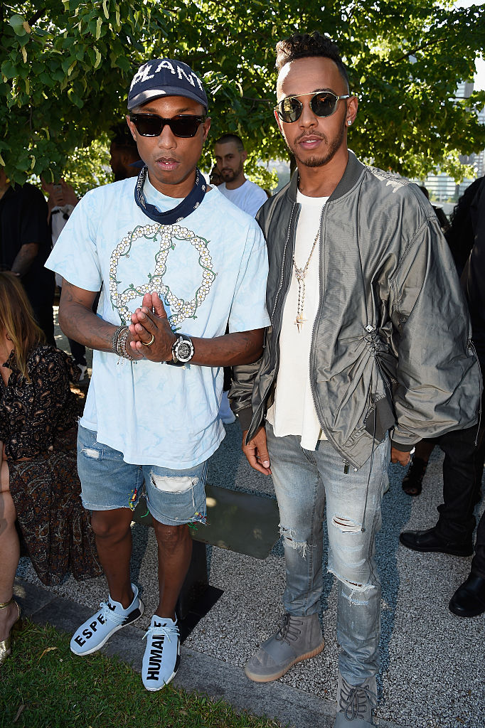 NEW YORK, NY - SEPTEMBER 07: Pharrell Williams and Lewis Hamilton attend the Kanye West Yeezy Season 4 fashion show on September 7, 2016 in New York City.  (Photo by Kevin Mazur/Getty Images for Yeezy Season 4)