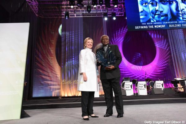 (L-R) Hillary Clinton receives a Phoenix Award from Congressman James Clyburn at Walter E. Washington Convention Center on September 17, 2016 in Washington, DC. (Photo by Earl Gibson III/Getty Images)
