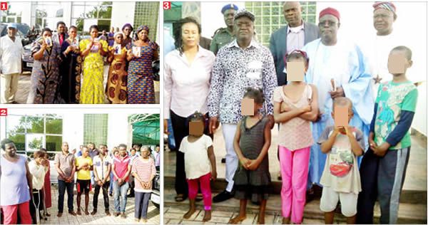 Kidnappers’ reign of terror in Benue: Photo (1) Parents with photographs of their abducted relations (2) Arrested kidnappers (3) Benue State Governor, Samuel Ortom, some state officials with rescued kidnap victims. Photos: Attah Ede
