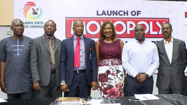 Director, Administrative and Human Resource, Lagos State Sports Council, Segun Osifeko (left); Director, Sports Medicine Department, Dr, Michael Kayode; Office of Oversees Affairs and Investment, Lagos Global, Adelakun Idris; Chief Executive, Bestman GAMES, Mini Akinkugbe; Chairman, Lagos State Sports Commission, Deji Tinubu and Director General, Lagos State Sports Council, Ayodele Agbesanwa at the Launch of Monopoly as an official Sport in Lagos State/City of Lagos U-17 Championship in Lagos (August 2016)