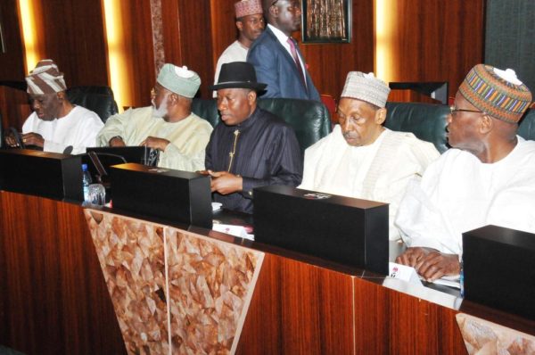 PIC.10. FROM LEFT: FOMER HEAD OF THE INTERIM NATIONAL GOVERNMENT, CHIEF ERNERST SHIONEKAN; FORMER HEAD OF STATE, GEN. ABDULSALAMI ABUBARKAR; FORMER PRESIDENT GOODLUCK JONATHAN; FORMER CHIEF JUSTICES OF NIGERIA, JUSTICE LAWAL UWAIS AND JUSTICE ALPHA BELGORE, DURING THE COUNCIL OF STATE MEETING AT THE PRESIDENTIAL VILLA IN ABUJA ON WEDNESDAY (7/9/16). IT WAS THE FIRST COUNCIL OF STATE MEETING ATTENDED BY FORMER PRESIDENT GOODLUCK JONATHAN SINCE HE LEFT OFFICE ON MAY 29, 2015. 6815/7/9/2016/ICE/BJO/NAN