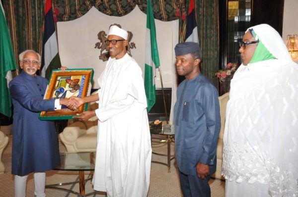 PIC.4. FROM LEFT: INDIAN MINISTER OF STATE FOR FINANCE, MR GANGARAM MEGHWAL; VICE PRESIDENT OF INDIA, MR MOHAMMAD HAMID ANSARI; VICE PRESIDENT YEMI OSINBAJO; AND NIGERIAN MINISTER OF STATE FOREIGN AFFAIRS, HAJIYA KHADIJA BUKAR-IBRAHIM, DURING THE VISIT OF THE INDIAN VICE PRESIDENT TO THE PRESIDENTIAL VILLA IN ABUJA ON TUESDAY (27/9/16). 7137/27/9/2016/CALLISTUS EWELIKE/DKO/BJO/NAN