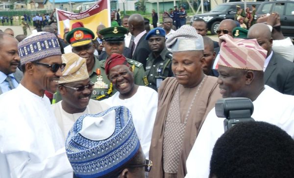 PIC.7. FROM LEFT: PRESIEDNT MUHAMADU BUHARI; GOV. ABIOLA AJIMOBI OF OYO STATE; APC CHIEFTAIN, CHIEF BISI AKANDE; GOV. KASHIM SHETIMA OF BORNO; AND GOV. AKINWUNMI AMBODE OF LAGOS STATE, DURING THE ARRIVAL OF PRESIDENT BUHARI AT IBADAN AIRPORT ENROUTE OSOGBO ON HIS STATE VISIT TO OSUN ON THURSDAY (1/9/16). 6699/1/9/2016/MA/JAU/BJO/NAN