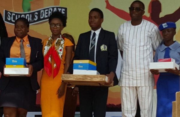 The 2nd Runner-up, 2016 Felabration School Debate, Eze Okoli; Judge, Ms Princess Abumere, Judge Winner of Felabration 2016 Secondary School Debate Emake Omo- Lamai and Country Director, Nigeria, AFRIMA, Mr. Kimgsley James and the third position