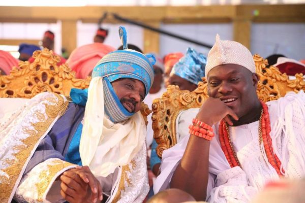 Emir of Kano and Ooni of Ife at the coronation of His Royal Majesty, Omo n'Oba n'Edo Uku Akpolokpolo, Oba Ewuare II, Oba of Benin, on Thursday