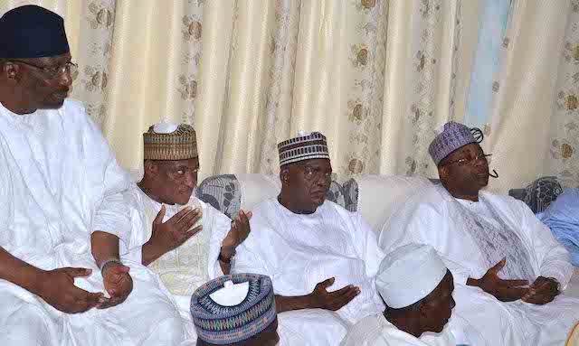 From left: Minister of Interior, retired Lt.-Gen. Abdulrahman Dambazau; Minister of Defence, retired Lt.-Gen. Mansur Dan-Ali; former governor of Gombe state, Sen. Danjuma Goje; and Gov. Mohammed Abubakar of Bauchi state, at the wedding fatiha of President Muhammadu Buhariís daughter, Fatima Buhari to Alhaji Yau Gimba Kumo in Daura, Katsina state on Friday (28/10/16) 8053/28/10/2016 /Otu Albert/BJO/NAN