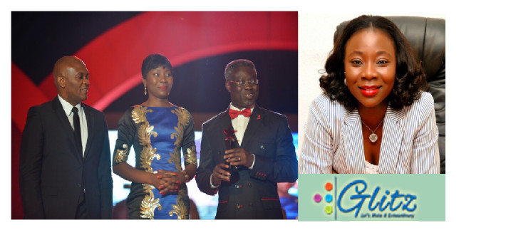 Chairman of Heirs Holdings, Tony Elumelu and former MD of UBA Phillip Oduoza presenting an award to Adetola Juyitan (Middle), Founder/CEO Glitz Event Centre.