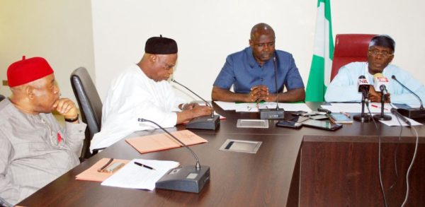 PIC. 41. FROM LEFT: VICE CHAIRMAN, SENATE COMMITTEE ON AGRICULTURE, SEN. THEODORE  ORJI; THE CHAIRMAN OF THE COMMITTEE, SEN. ABDULLAHI ADAMU; MINISTER OF STATE FOR  AGRICULTURE AND RURAL DEVELOPMENT. SEN. HEINEKEN LOKPOBIRI; AND THE MINISTER OF  AGRICULTURE AND RURAL DEVELOPMENT, CHIEF AUDU OGBEH, DURING THE COMMITTEE'S OVERSIGHT  FUNCTIONS VISIT TO THE MINISTRY IN ABUJA ON MONDAY (10/10/16). 7558/10/10/2016/HOGAN-BASSEY/BJO/NAN